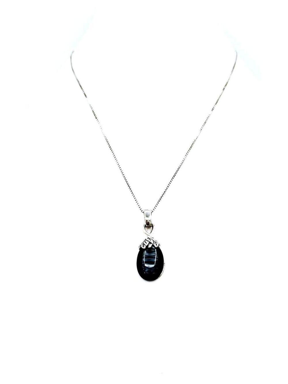 Italian sterling silver chain with silver plated black cats eye pendant necklace